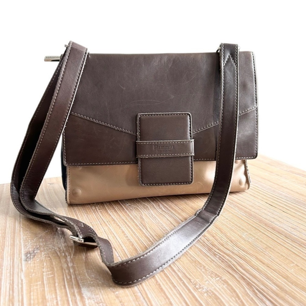 Hammitt Joe Tri-Color Leather Crossbody Bag Brown Tan Navy Red Lining - Picture 2 of 12